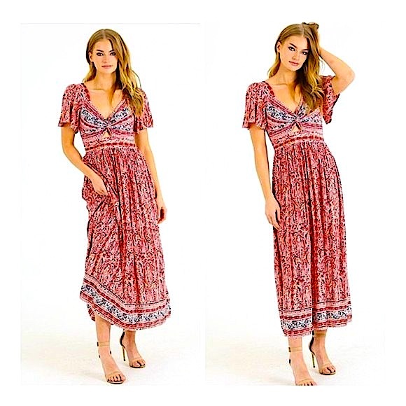 Multi-Color Floral Flutter Sleeve Keyhole Maxi dress - Picture 2 of 3